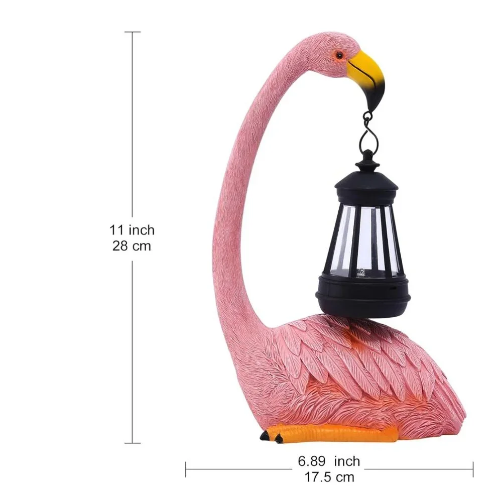 Flamingo Statue w/ Solar Lantern Bird Sculpture Yard Art Outdoor Garden Decor